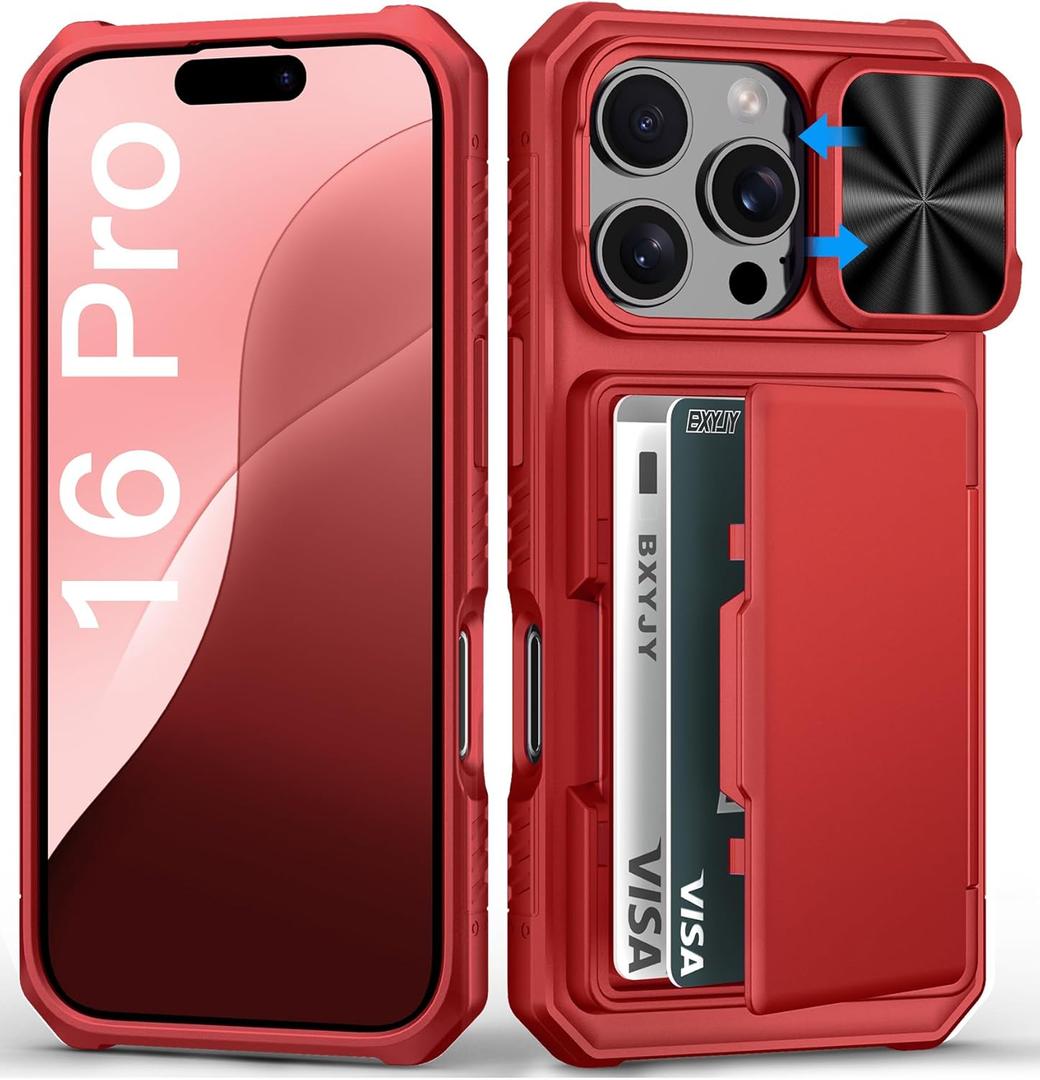BXYJY for iPhone 16 Pro Phone Case Wallet, Built-in Card Holder (4-5 Cards), Military Grade Protection, Slide Camera Lends Cover, Hard Heavy Duty Women Girly Men Protective Case for iPhone 16 Pro, Red