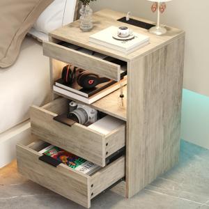 Gadroad LED Nightstand with Charging Station, Bedside Table with 3 Drawers and LED Lights, End Table Sofa Couch Side Table with Pull-Out Shelf, Grey Gadroad LED Nightstand with Charging Station, Bedside Table with 3 Drawers and LED Lights, End Table Sofa Couch Side Table with Pull-Out Shelf, Grey