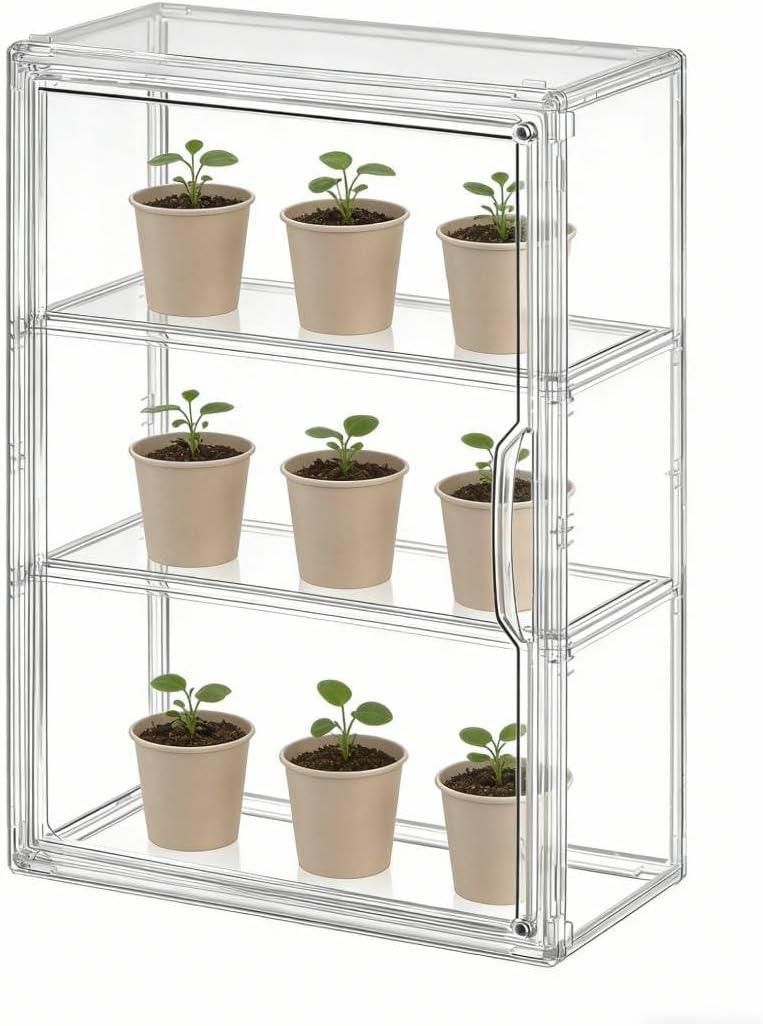 Mini Greenhouse for Indoor, Clear Stackable Green House with Magnetic Waterproof Door for Small Plants, 14x10.5x5.5