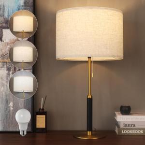 26.4" Living Room Modern Table Lamp Bedside Lamps for Bedroom 3-Color Temperatures Pull Chain Switch Nightstand Lamp for End Tables Wood Fabric for Home/Office/Desk Decor (Light Brown+Brass)