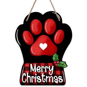 Merry Christmas Dog Cat Paw Front Door Sign, Xmas Buffalo Plaid Farmhouse Wood Door Hanger Outdoor Porch Decor, Winter Holiday Wooden Wreath Indoor Wall Hanging Decoration Pet Lover Gifts
