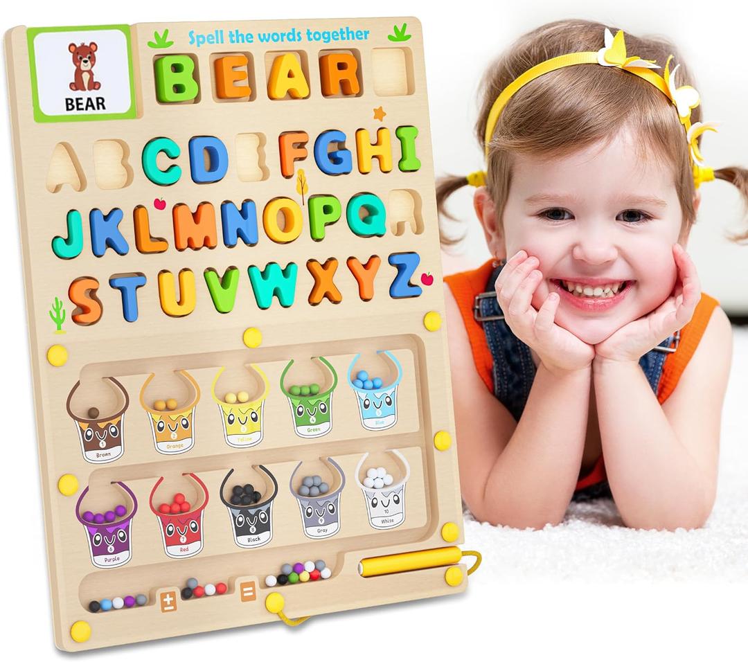 3 IN 1 Double Sided Montessori Toys- Magnetic Color and Number Maze, Toddler Wooden Alphabet Puzzles, Dry Erase Board, Preschool Learning Activities Toys for 3 4 5 6 Years Old Kids Girls Boys