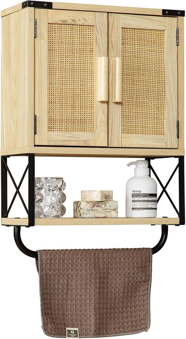 RUSTOWN Farmhouse Rustic Medicine Cabinet with Two Barn Door, Boho Wood Wall Mounted Storage Cabinet with Adjustable Shelf and Towel Bar, 3-Tier Cabinet for Bathroom, Living Room(Rattan)