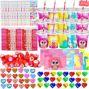 LUKBERA Valentine's Day Gifts for Kids - 24 Pack Valentines Classroom Stationery Set with Cards, Cups, Pencils, Erasers, Stampers & Stickers, Classroom Exchange Prize Boy Girls Party Favors