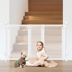 No Drill Baby Gate for Stairs No Bottom Bar, 34-55” Adjustable Baby Gate with Large Walk Thru Door, Mesh Dog Gate for Doorways, Swing & Dual Openings, No Drilling Pet Gate Child Safety Gate, White