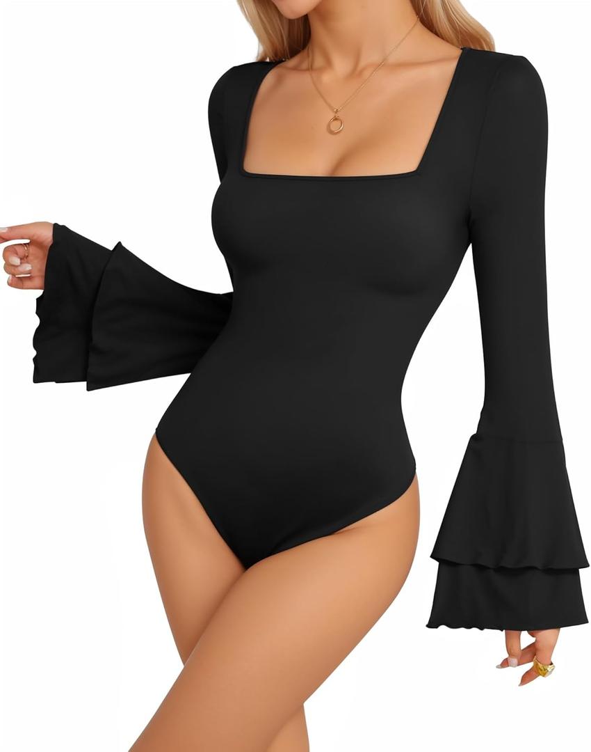 MANGOPOP Bell Sleeve Square Neck Bodysuits for Women Long Sleeve Bodysuit Going Out Tops (Large, Black)