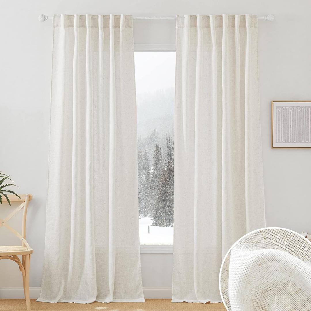 RYB HOME Semi Sheer Curtains - Linen Blend Privacy Curtains Sheer Window Treatment Drapes Farmhouse Decor for Bedroom Living Room Sliding Glass Door, 52 inch Wide x 95 inch Long 2 Panels, Linen