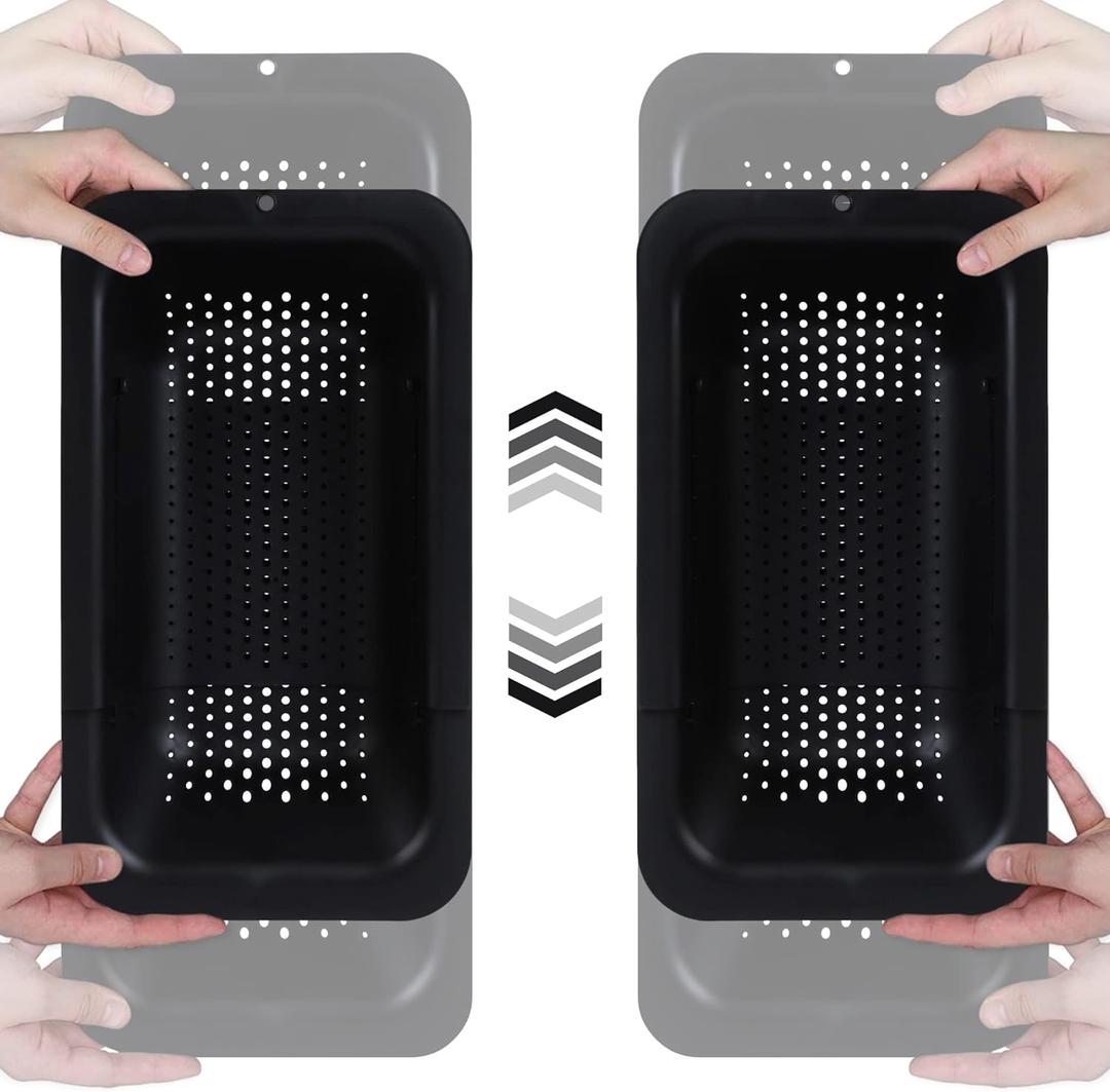 BLUE GINKGO Over the Sink Colander Strainer Basket - Wash Vegetables and Fruits, Drain Cooked Pasta and Dry Dishes - Extendable - New Home Kitchen Essentials (Black, 2 Pack)