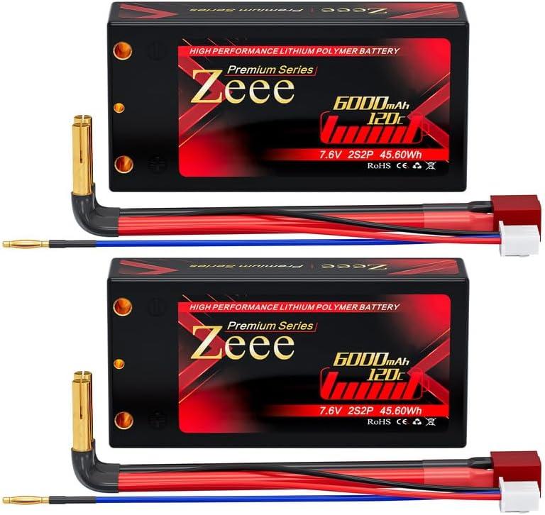 Zeee Premium Series 2S Shorty Lipo Battery 6000mAh 7.6V 120C Hard Case with 4mm Bullet to T Connector High Voltage Battery for RC 1/10 Scale Vehicles Car Trucks Boats RC Models (2 Pack)