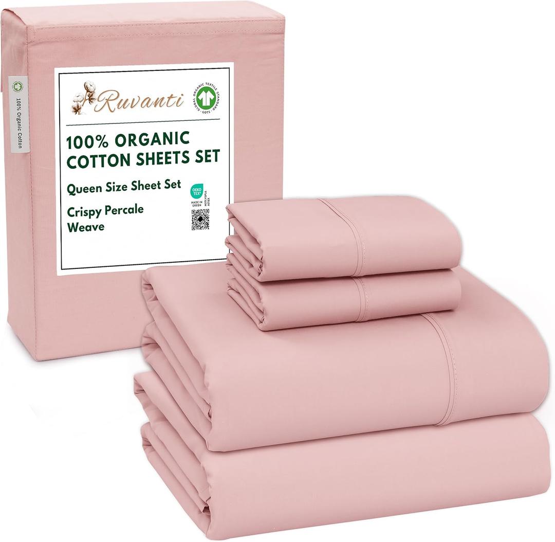 RUVANTI 100% Organic Cotton Sheets Queen Size, Percale Weave, GOTS Certified, 4-Piece Set, Deep Pocket 15", Crisp & Breathable, Soft Durable Bedding, Sbanas Algodn Orgnico Peach Skin