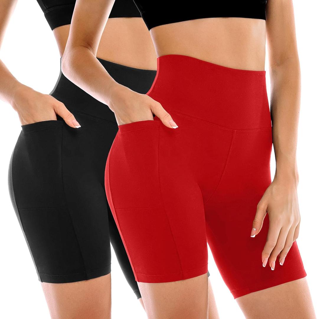 2 Pack Womens Biker Shorts with Pockets, High Waisted Yoga Shorts for Women Running Gym and Workout (XX-Large, Black/Red)