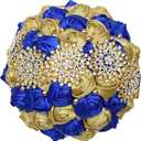 Bridal Brooch Wedding Bouquet with Bling Gold Rhinestone Pearl for Bride Bridesmaid Quinceanera Satin Rose Flower Bouquet Wedding Royal Blue and Gold 7.1in