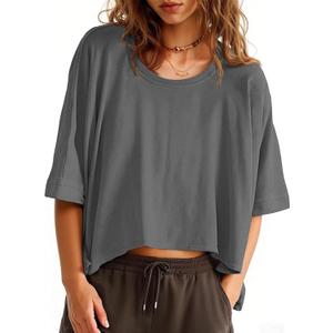 Tankaneo Womens Oversized T-Shirts Cropped Summer Casual Short Sleeve Loose Fit Tee Tops (X-Large, Dark Grey)