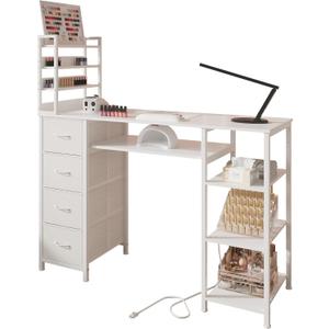 NinPeen Manicure Table Nail Desk for Nail tech with Drawers and Power Outlet, Nail Beauty Table with Storage and Open Shelves for Home, Workshop, Makeup Beauty Salon Workstation (White)
