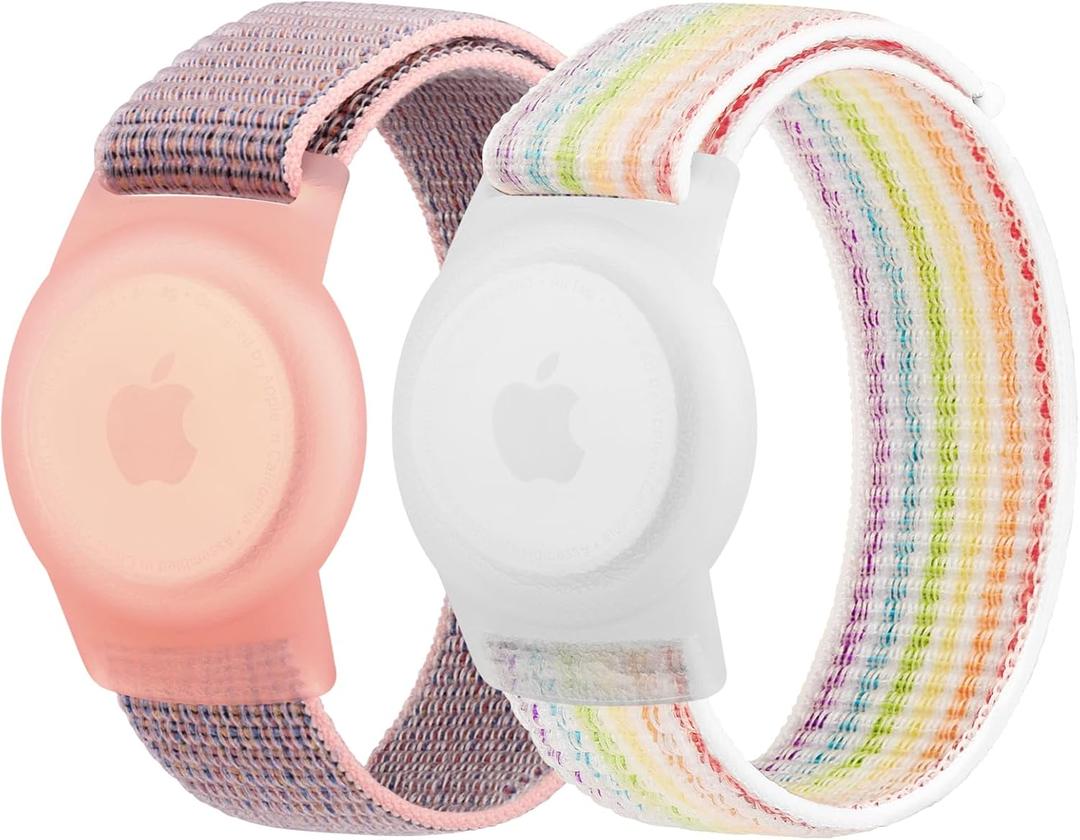 Meliya Nylon AirTag Bracelet for Kids, 2 Pack Nylon Watch Bands Compatible with AirTag, Adjustable Anti Lost Wristband for Toddler Child Elders Small Large (Pink Sand+Rainbow, Large (5.1"-7.4"))