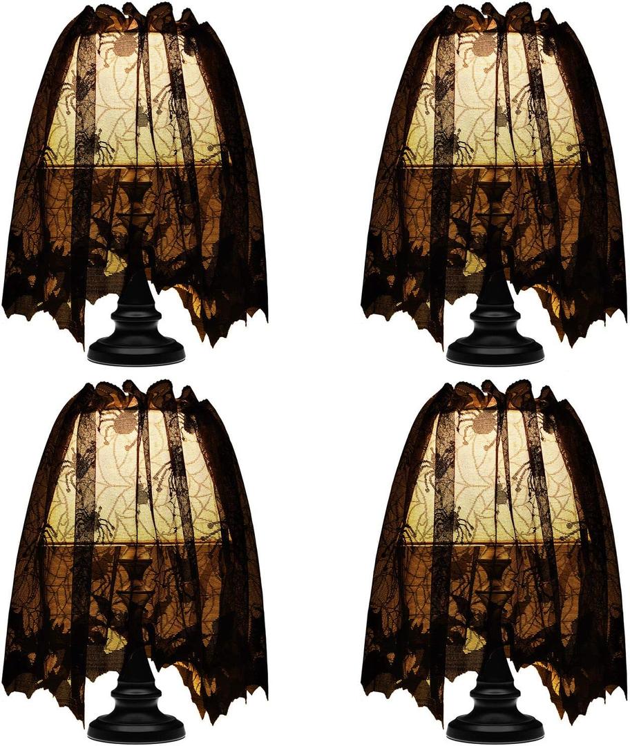 Mudder 4 Pieces 20 x 60 Inch Halloween Lamp Shade Cover Black Lace Lampshade Cover with Ribbon Halloween Spider Web Lampshade for Festive Party Decor Indoor Decor Supplies