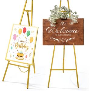 CroBlissful Gold 50" Easel Stand for Wedding Sign Adjustable 3Tier Height Display Easel with Chain Heavy Duty Floor Tripod for Welcome Wedding Sign Painting Canvas Baby Shower Party Poster (Metal), 50H x 19L x 18W inches