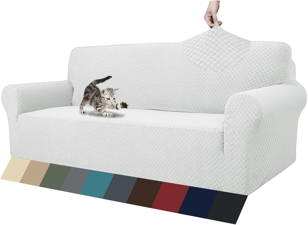ZNSAYOTX 1 Piece Jacquard Couch Covers for 3 Cushion Couch Living Room High Stretch Sofa Cover Pets Dogs Friendly Anti Slip Thickened Slipcovers Furniture Protector (Large, White)