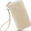 Womens Wallet RFID Blocking Genuine Leather Zip Around Wallet Clutch Wristlet Travel Long Purse for Women (Y1-Beige)
