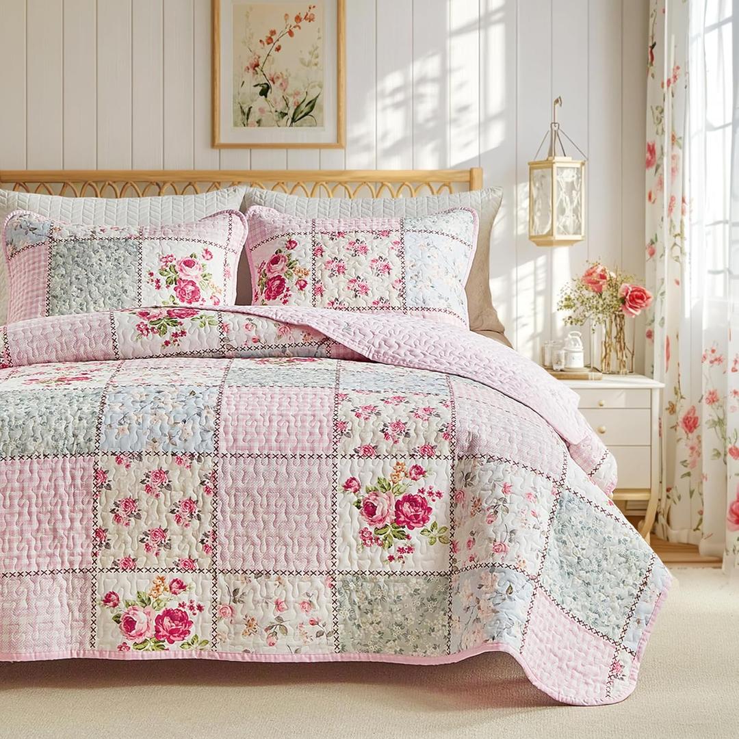 Joyreap Floral Cotton Quilt Set, Pink Aqua Flowers Grid Patchwork Design for Spring, 2 Pieces Twin Size Quilt Bedding Set, Soft n Cozy Bedspread Bed Cover for All Season- 68x88 inches