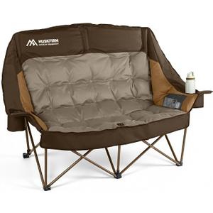 Huskfirm High Back Double Camping Chair 2 Person Camping Chair Brown | Low Seat Loveseat Camping Chair Fully Padded Oversized Camping Couch for Adults - Supports 650 LBS with Cup Holders Carry Bag