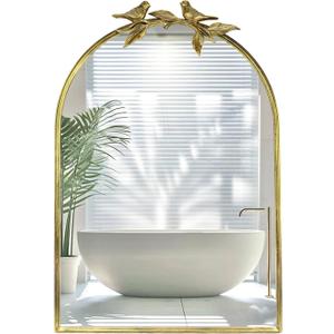 Gold Vintage Mirror for Vanity 24x35 Inch Gold Antique with Ornate Frame, Arched Vintage Wall for Bathroom, Living Room, Fireplace, Entryway