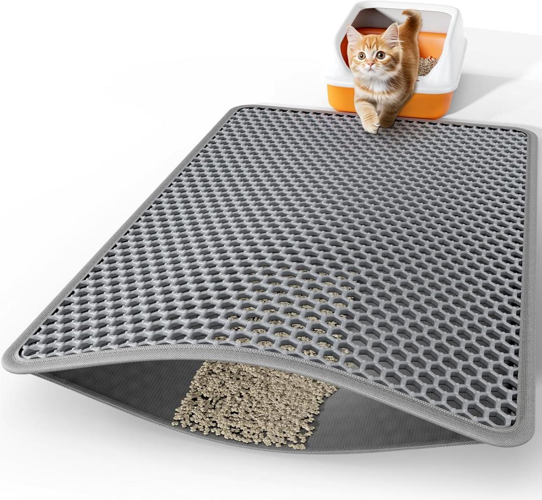 Cat Litter Mat - 46" x 35" Jumbo Litter Box Mat with Double Layers, Urine-Proof and Non-Slip Litter Trapping Mat, Easy to Clean Kitty Litter Mats for Floor, Scatter Control, Grey