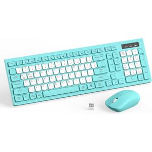 Wireless Keyboard and Mouse Combo, Full-Sized Quiet Wireless Keyboard and Adjustable DPI Mouse, 2.4GHz USB Receiver, Keyboard and Mouse for PC, Windows, Desktop, Laptop (Tiffany Blue and White-B)