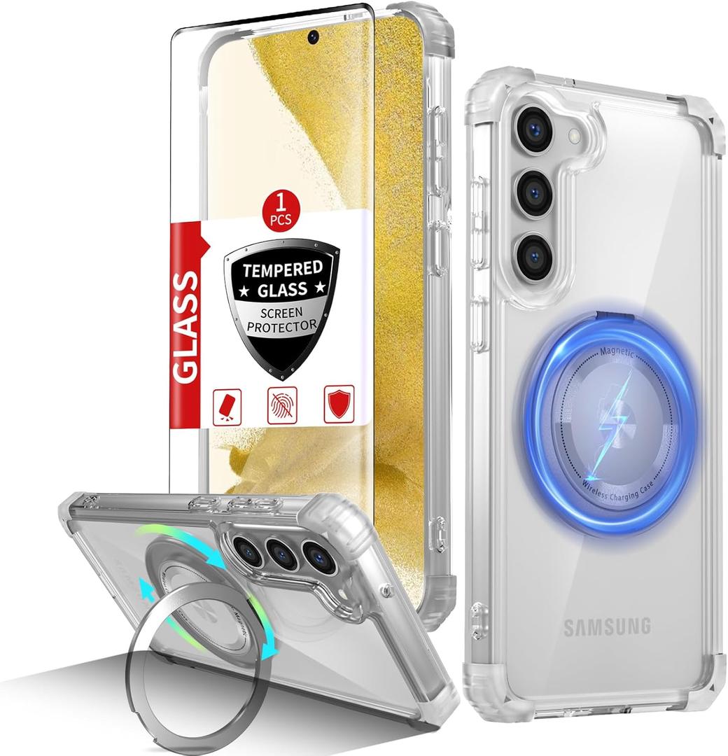 for Samsung Galaxy S22 Case Magnetic Compatible with MagSafe Wireless charging,with 360Kickstand Ring,for S22 Phone Case with Screen Protector, Military Grade Drop Protection Shockproof Clear