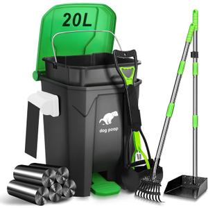 Dog Poop Trash Can Outside with Pooper Scooper and Metal Rake & Tray, 20L/5Gal Dog Waste Trash Can with Lid, Pedal and Removable Inner Waste Bin, Dog Poop Bin with 100 Bags, Green