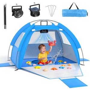 Baby Beach Tent Solar Cooling Fan, Anti-UV Toddler Beach Tent Sun Shelter Portable Travel Fan Beach Shade Tent, Baby Play Tent Built-in Ceiling Fan Sun Shelters Toddler Beach Essentials Blue, Large