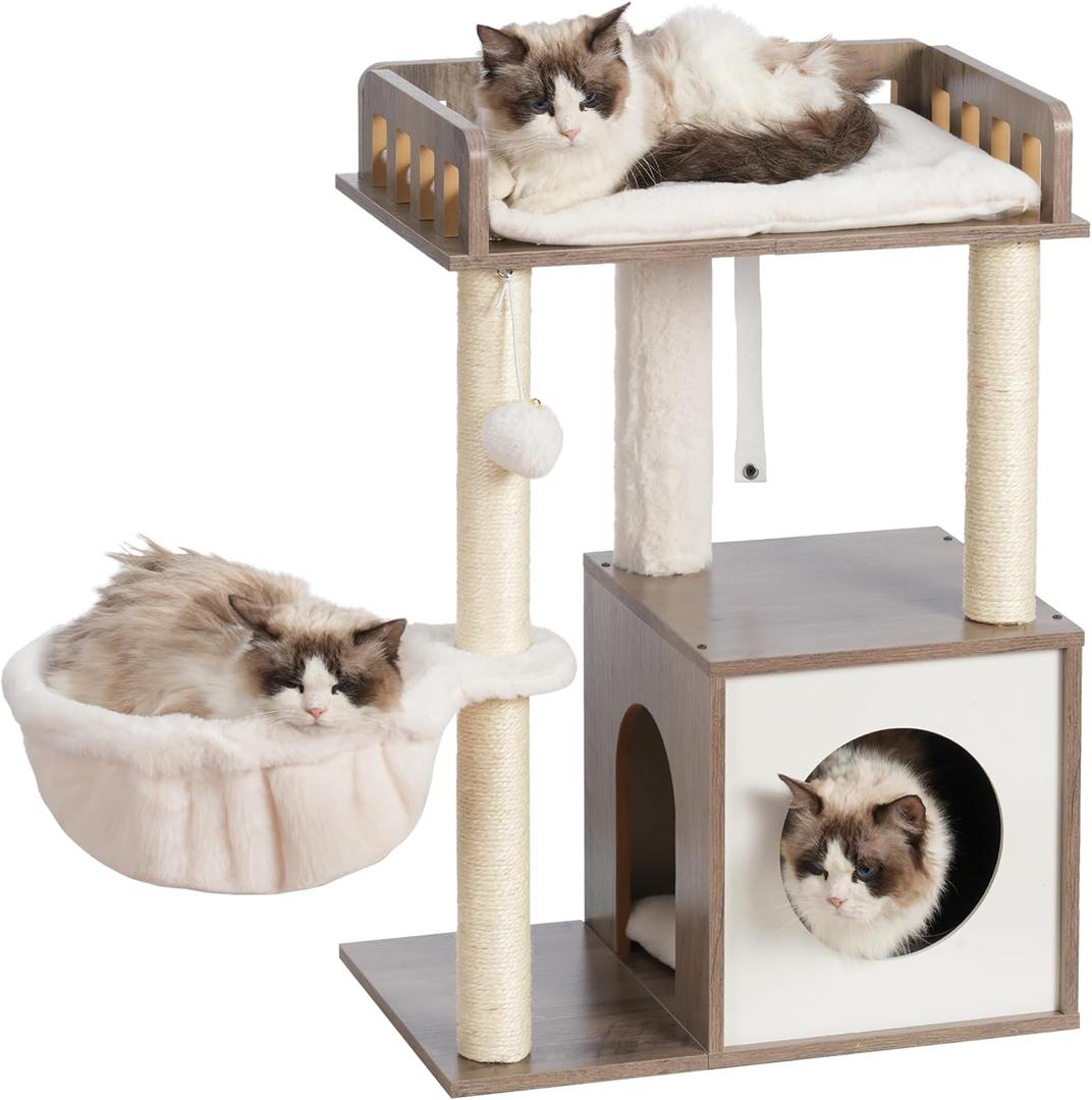 Heybly Modern Cat Tree, Wooden Cat Tower with 3 Scratching Posts, Cat Condo for Indoor Cats with Wood Cat Cave, Plush Perch, Basket, Pompom, Rustic Gray HCT007SSG (L Perch(19.7''L11.8''W28.35''H)