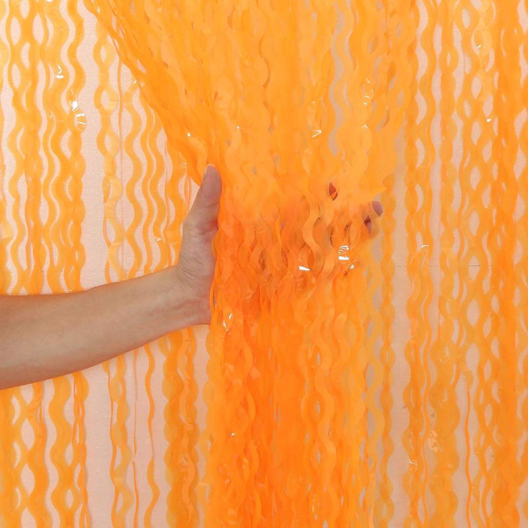CYLMFC 4 Pack Wavy Orange Foil Fringe Curtain Party Decorations - Orange Foil Backdrop Birthday Wedding Halloween Thanksgiving Friendsgiving Fall Party Decorations Supplies