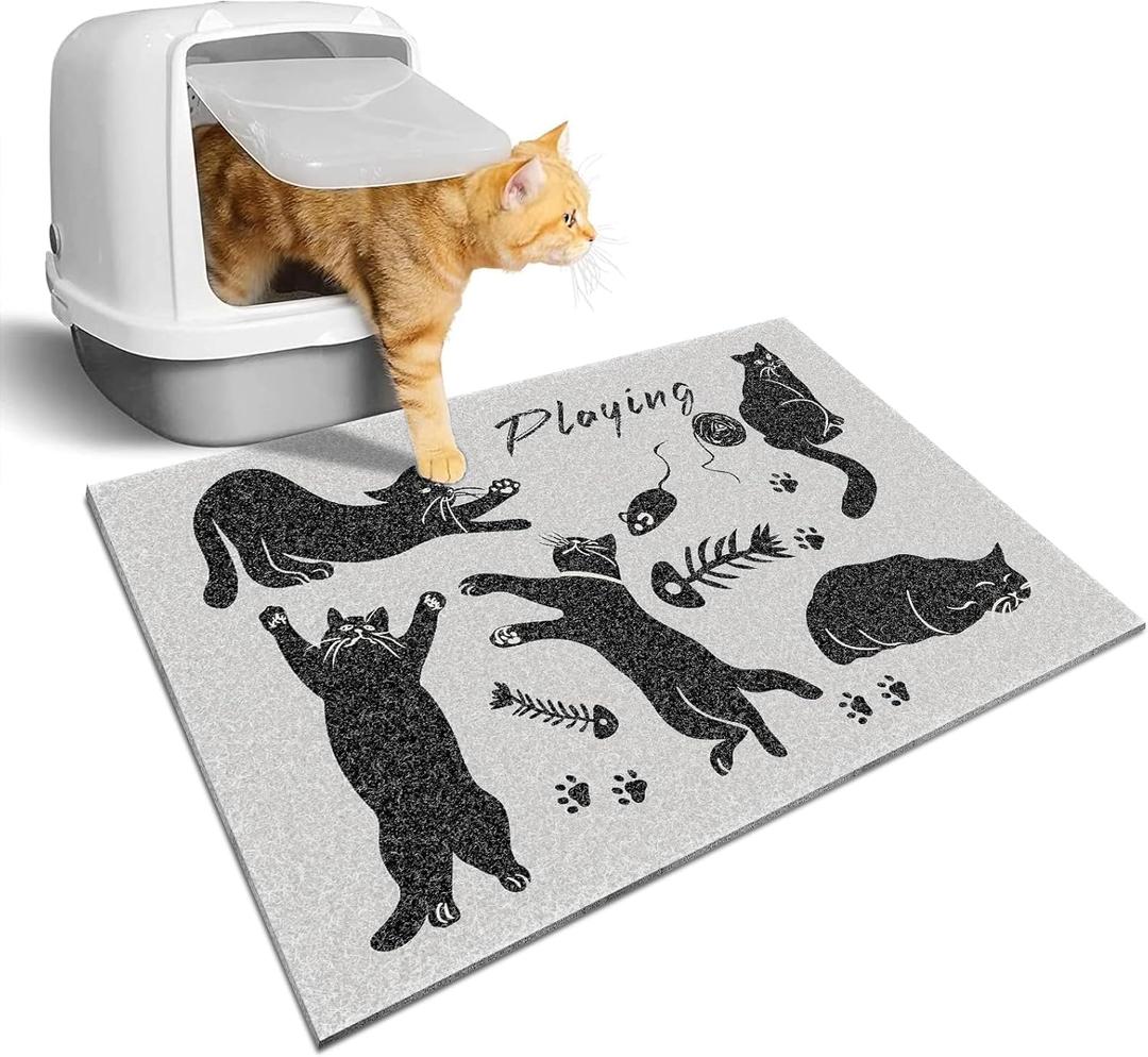 Cute Cat Litter Mat,24x16 Inch - Easy Clean, Anti Slip Trapping Mat for Box & Kitty Litter, Cute Small Rug, Indoor Cat Accessories,White
