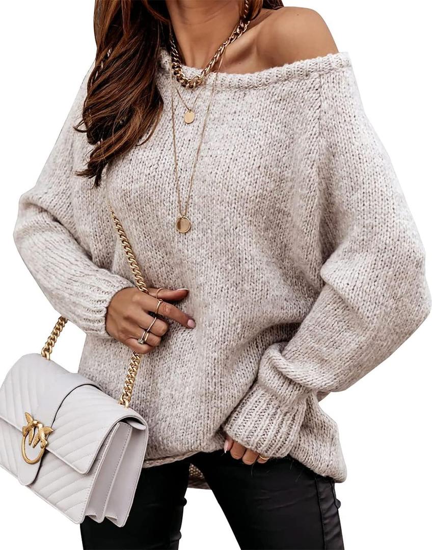 BTFBM Women Casual Long Sleeve Fall Sweaters Crew Neck Solid Color Soft Ribbed Knitted Oversized Pullover Loose Fit Jumper (Medium)