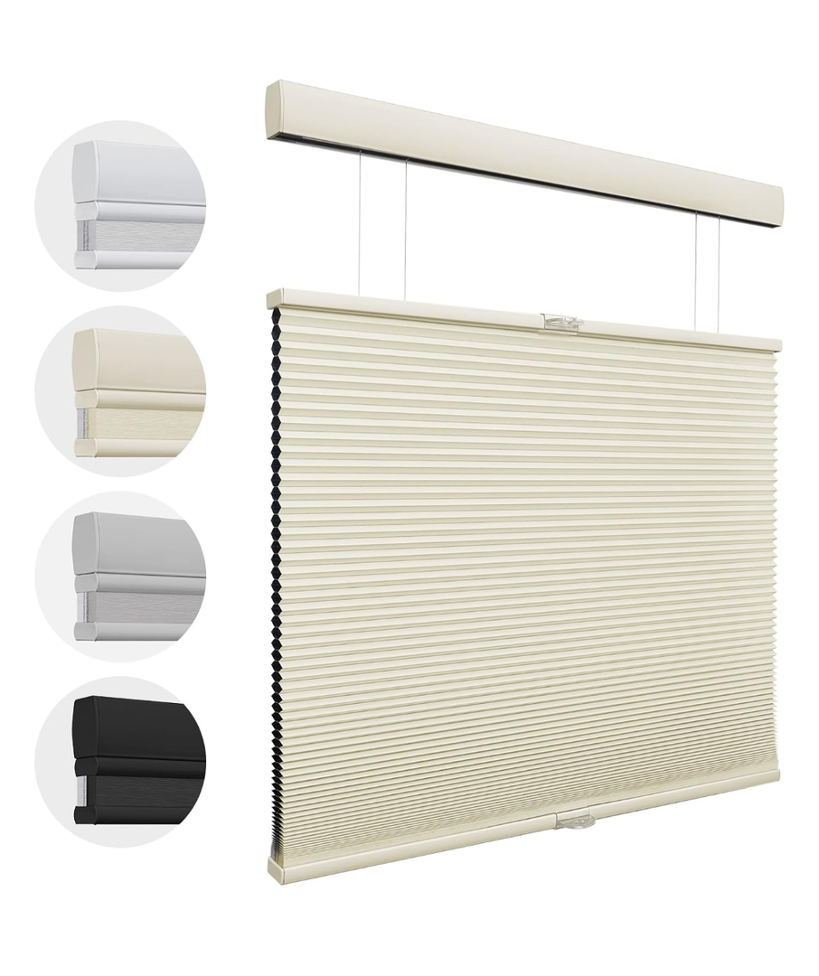 MiLin Cordless Top Down Bottom Up Cellular Shades Color-Matched Window Treatments Cellular Blinds for Windows Honeycomb Design Blinds & Shades (Blackout Creamy, 27" W x 64" H)