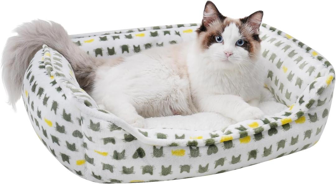 Dog Sofa Bed, Anti-Anxiety Puppy Cuddler Bed for Puppy Dog & Cat, Rectangle Washable Bed with White Mattress, Extra Small (Beige)