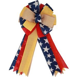 Meseey 1 Pcs Large Red and Blue Patriotic Bow Yellow Deployment of Troops Ribbon Bow for Bunting Wreath Holiday Independence Day 4th of July Party Door Wall Decoration (Patriotic)