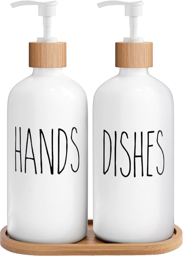 2 x MOMEEMO White Soap Dispenser Set, Contains Hand and Dish Soap Dispenser, Suitable for Kitchen Decor. (White)