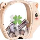 Wooden Pig Piggy Banks for Kids, Unbreakable Coin Bank for Kids with Letter Sticker, Wooden Cashbox Money Jar Personalize Birthday Gift, Educational Toy for Boys, Girls (Large)