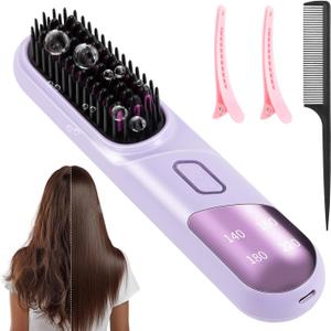 Go Brush Pro, 3-in-1 Cordless Negative Ion Hair Straightener & Curle & Comb, 4 Temps Intelligent Control, Fast Heating MCH Ceramic Coating, Anti-scalding Comb Teeth, Smoothes Frizz