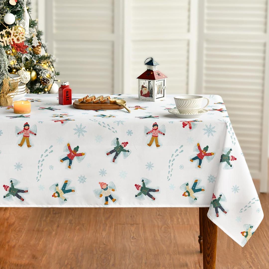 Horaldaily Christmas Tablecloth 60104 Inch Rectangular, Children Snow Washable Table Cover for Party Picnic Dinner Decor (White)