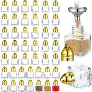 Maxcheck 50 Pcs 0.5 oz Small Cube Shape Salt and Pepper Shakers with Tone Tops Clear Mini Glass Seasoning Jars Spice Salt Shakers with Funnel for Home Wedding Party Restaurant Kitchen (Gold)