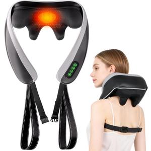 6D Neck Massager for Pain Relief Deep Tissue, Kneading Shiatsu Neck and Shoulder Massager with Heat,Cordless Massager for Back and Shoulder Pain, Gifts for Women Men Home Office Christmas (Black)