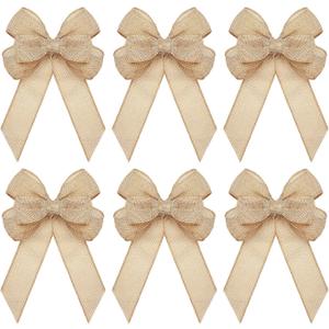 Xinnun 6 Pcs Christmas Burlap Bows Knot Handmade Ribbon Bows Natural Rustic Burlap Wreath Decorative Bowknot Ornament for Christmas Tree Wreath Craft Party Decor(Plain Style,Beige)