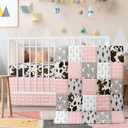 Hahafelt 3 Piece Patchwork Western Crib Bedding Set for Boys Girls Cow Cactus Print Baby Bedding Barnyard Western Nursery Decor Soft Baby Bed Set Includes Quilt Fitted Crib Sheet Bed Skirt (Pink,Gray)