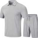 MoFiz Mens Tracksuits Sets Shorts Quarter Zip Polo Shirts Bottom Shorts Outfits Sport Suits Casual Walking Sets Comfy (Gray, M)