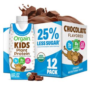Orgain Organic Kids Nutritional Vegan Protein Shakes, Chocolate - Healthy Kids Snacks, 8g Plant Protein, 23 Vitamins & Minerals, 3g Fiber, No Dairy & Soy, Non-GMO, 8 Fl Oz, 12 Pack (EXP 05/25/26)