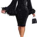 Cololura Sexy Elegant Sequin Long Flared Sleeve Feather Pearls Embellished Bodycon Midi Dress Formal Party Evening Gown, Medium