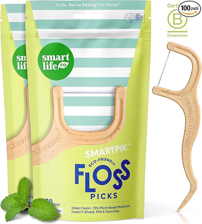 SmartLifeco Eco-Friendly Dental Floss Picks (400ct) - Flossers Made with Straw Wheat Blend, Superior Anti-Shred Thread for Tight Gaps, Tooth Pick Stick for Adults, Soft on Gum & Teeth, Vegan, Mint